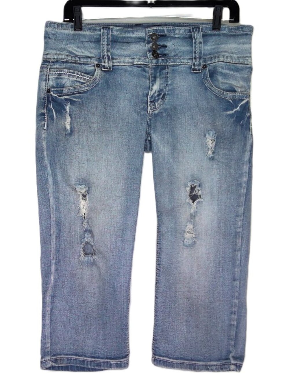 Bongo Light Blue Jeans Capri Distressed Destroyed Crop Mid Rise EUC Junior Sz 13
